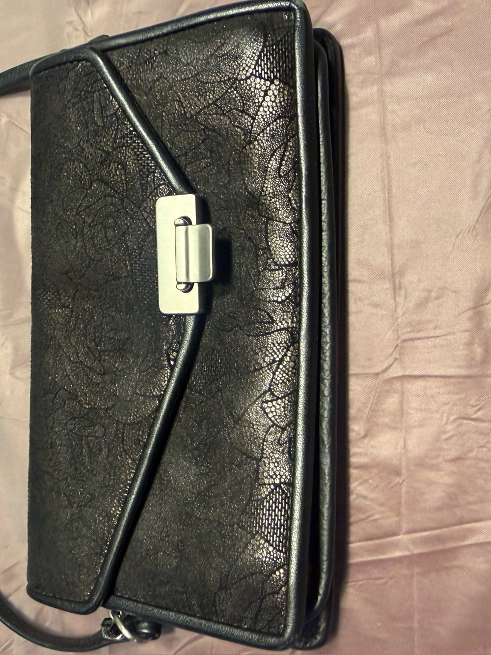 Vintage 2010 Roche Black Floral-Stamped Asymmetrical Leather Crossbody Bag - Picture 9 of 16